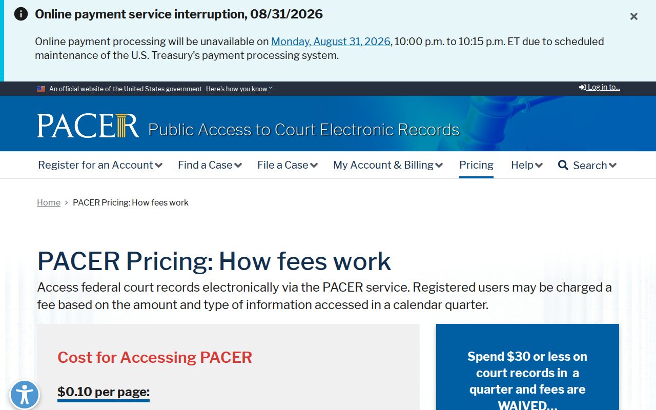 Tyrrell County case lookup federal PACER access pricing page