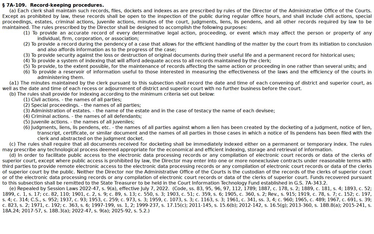 Tyrrell County civil docket reference to the Clerk record-keeping statute