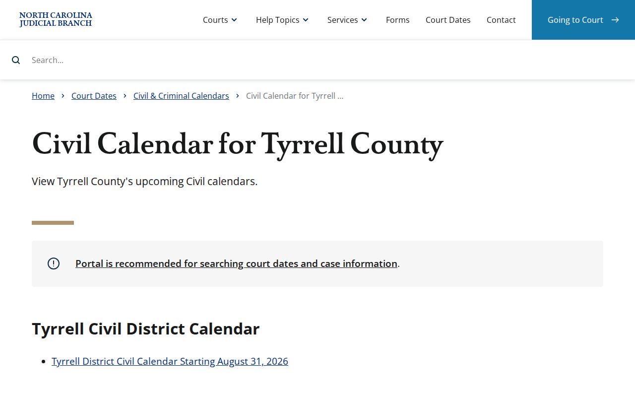 Tyrrell County civil court calendar interface