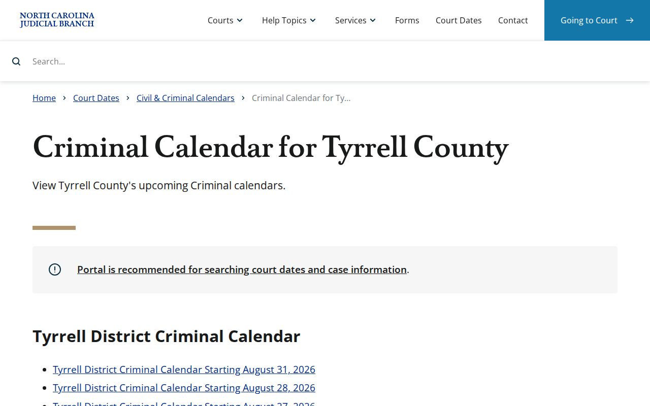 Tyrrell County criminal court calendar interface