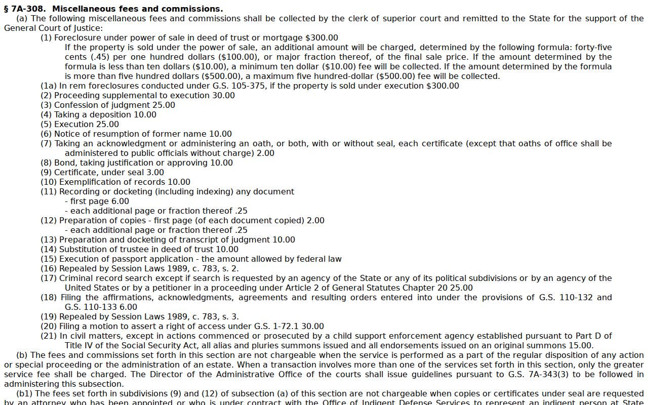 Tyrrell County court record copy and certification fee statute