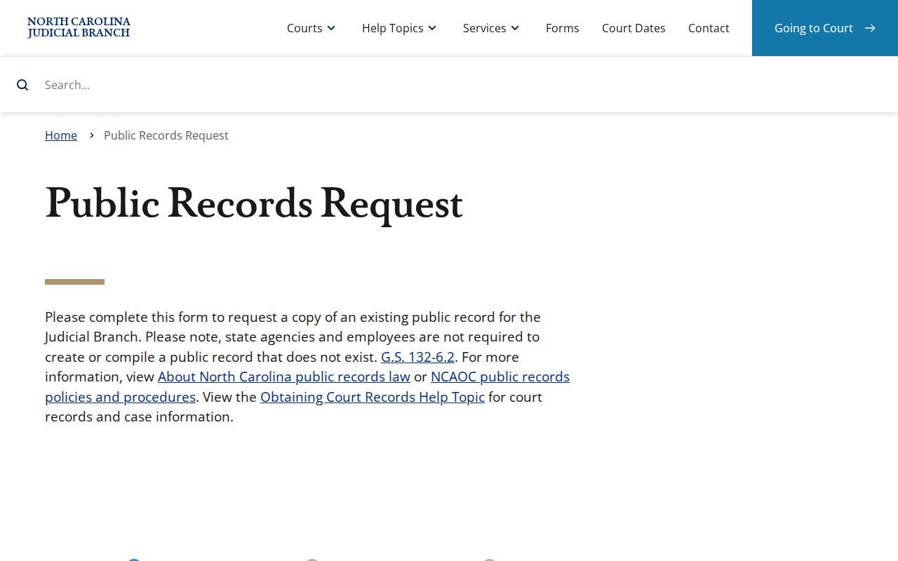 Tyrrell County court record request routing through the Judicial Branch