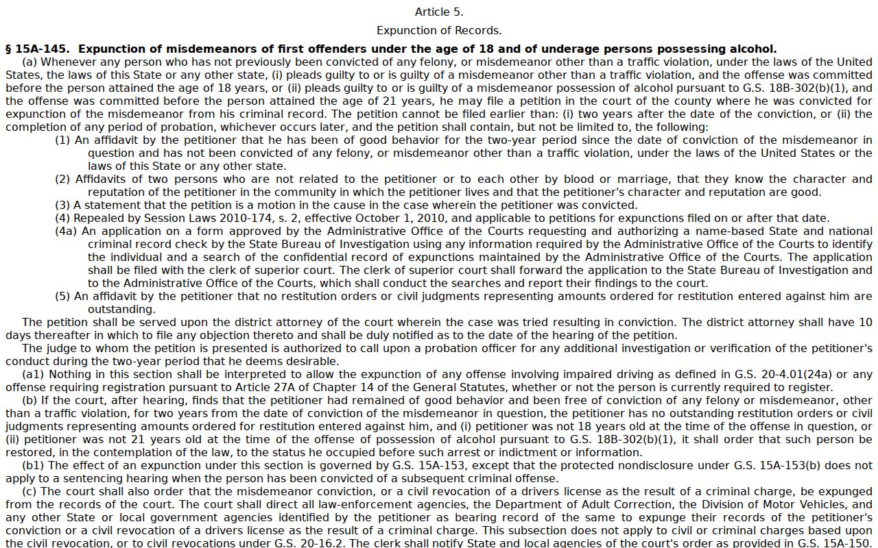 Tyrrell County criminal docket reference to North Carolina expunction statute