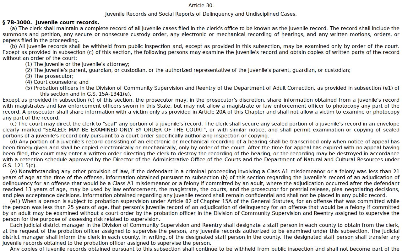 Tyrrell County criminal docket reference to the juvenile-record confidentiality statute
