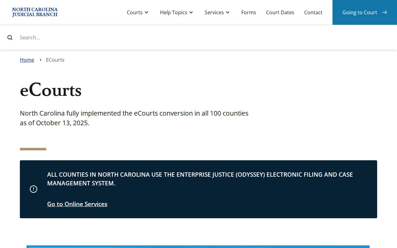 North Carolina eCourts information page used for Tyrrell County docket access
