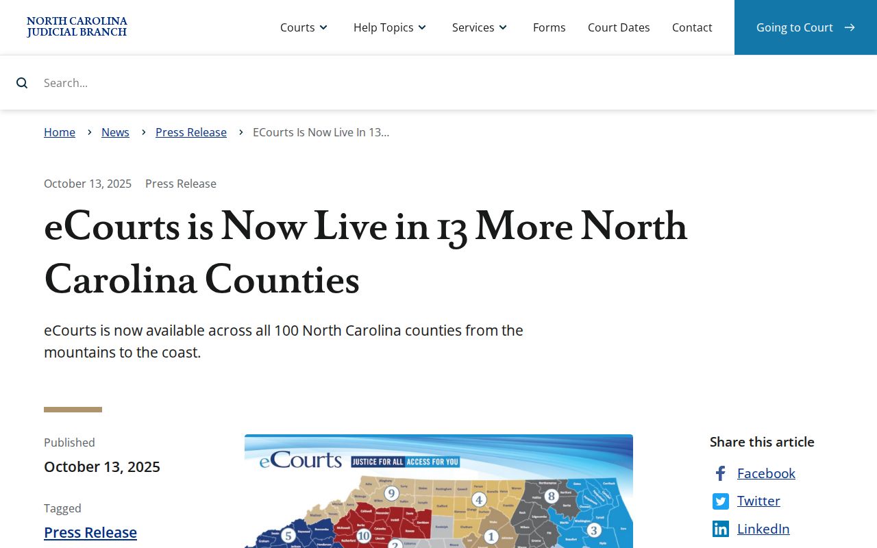 North Carolina eCourts statewide rollout announcement relevant to Tyrrell County