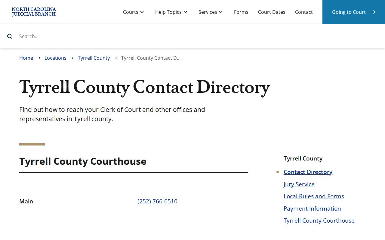 Tyrrell County court contact directory used to locate clerk and court offices